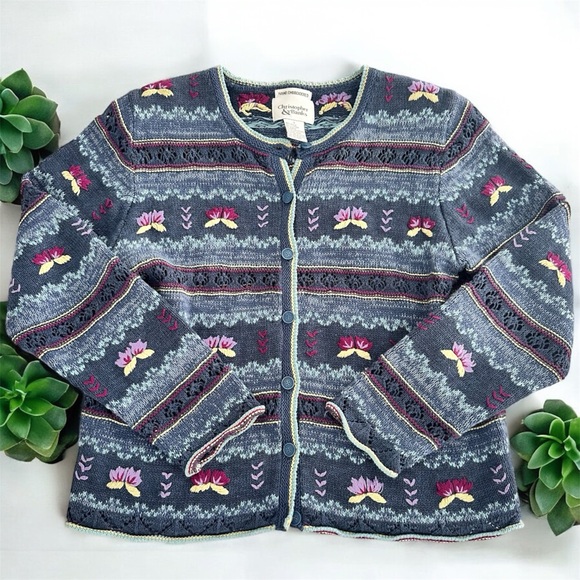 Vintage Christopher & Banks Hand Embroidered Floral Knit Cardigan - Picture 1 of 8